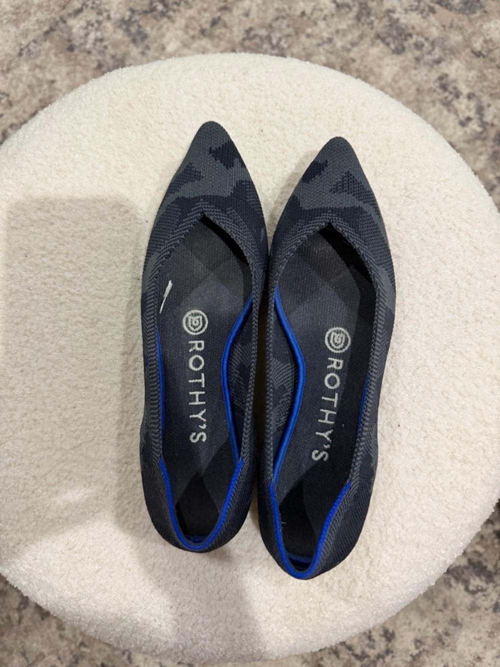 Rothy's Pointed Knit Flats in Black, Gray and Blue Trim
